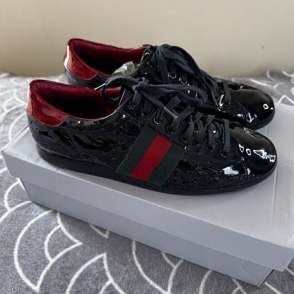 Gucci Black Patent Leather Casual Low Top Lace Up Reflective Men's Shoe Sz 9.5 - Picture 2 of 16